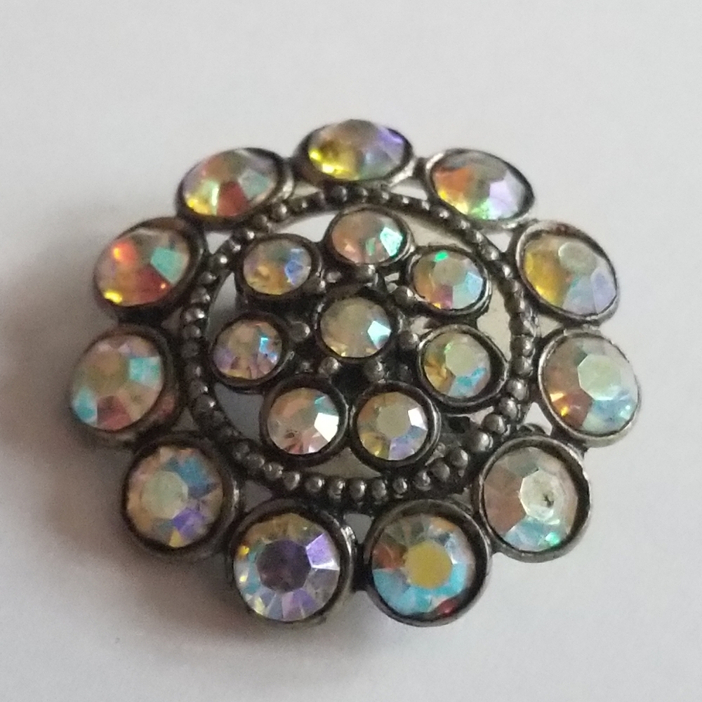 Vintage aurora borealis rhinestone circle brooch pin gold tone smoky AB - Picture 8 of 8